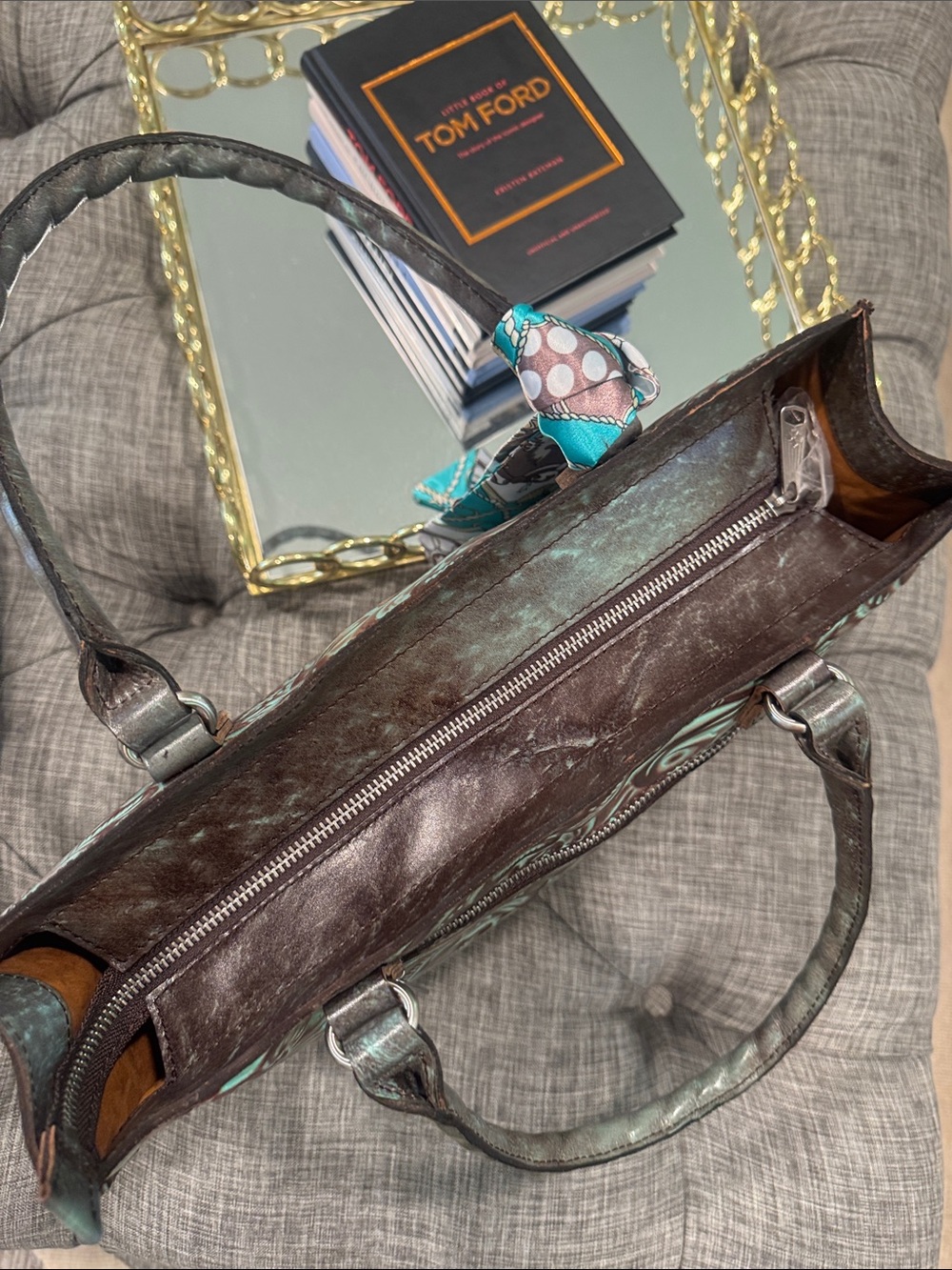 Patricia Nash Bag Vintage Tooled Turquoise and Brown Embossed Tote - Picture 11 of 17